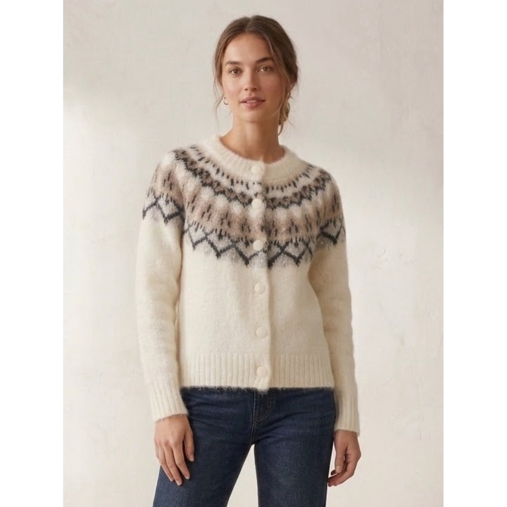 Joie Cream Fair Isle Alpaca Wool Blend Fuzzy Cardigan Sweater S Neutral Elevated